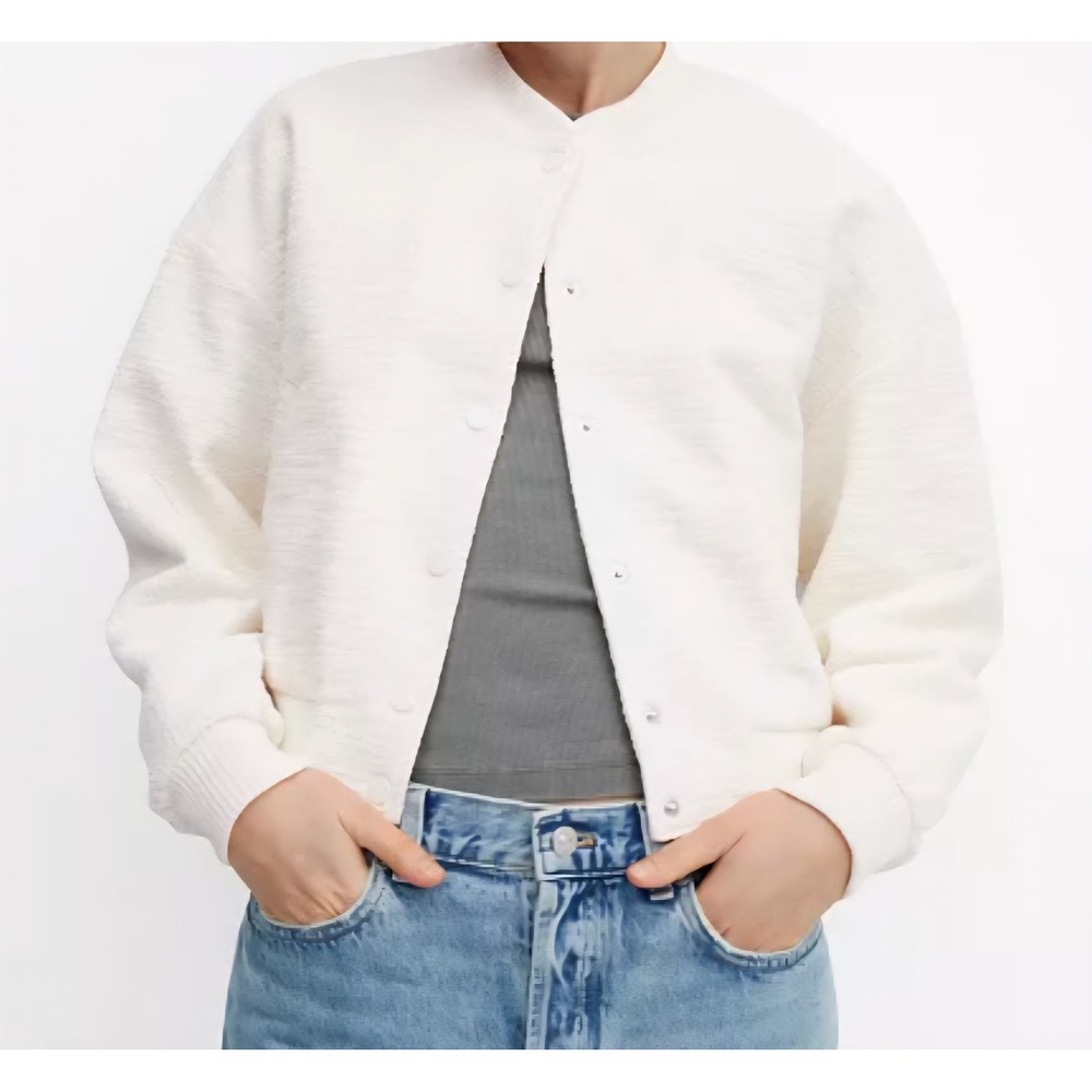 Mango Textured Bomber Jacket Cream Off White Snap Front‎ Cropped Coat Women med.